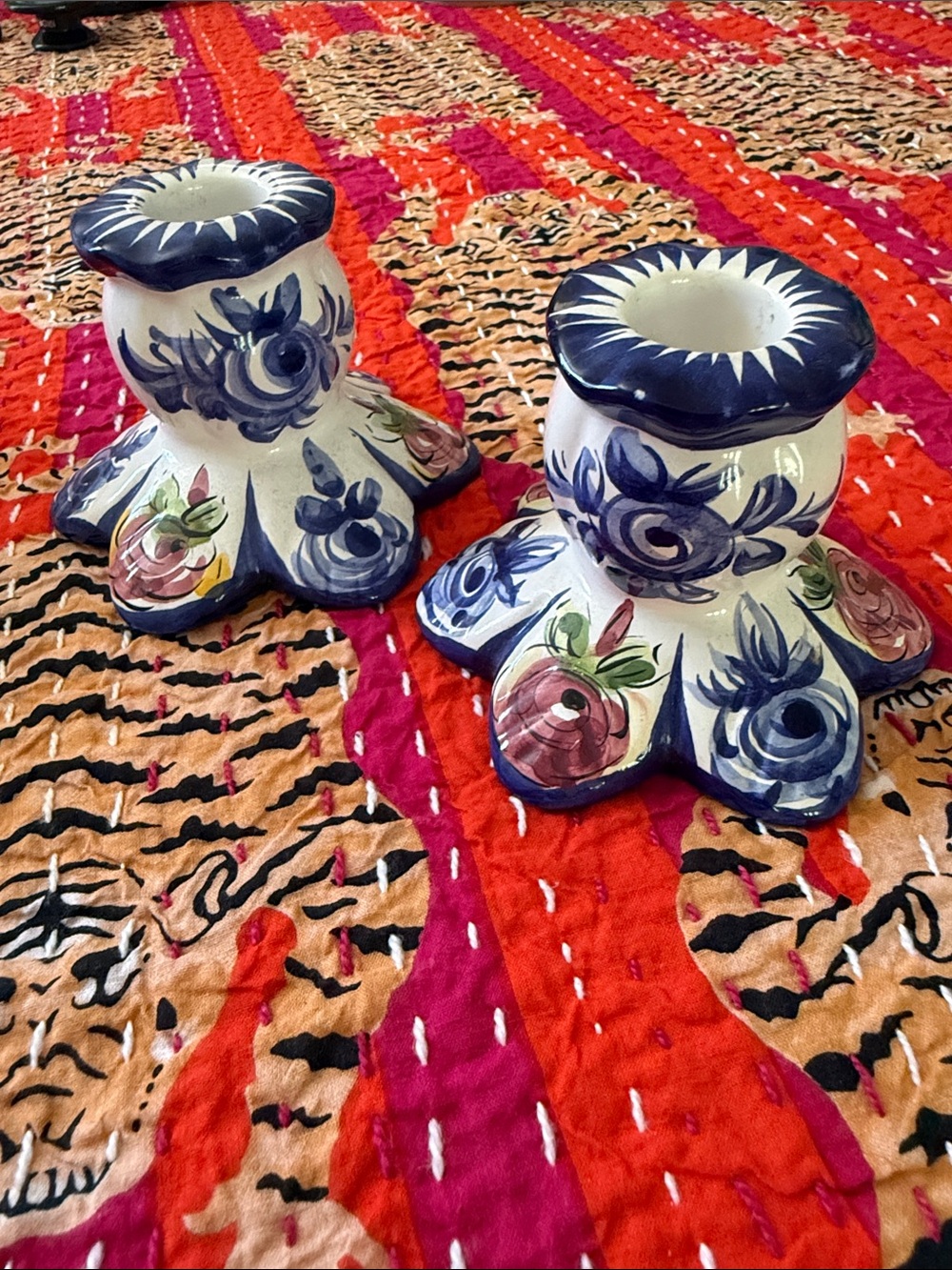 Vintage Hand Painted Portugal Candlestick Holders Pair Numbered 577